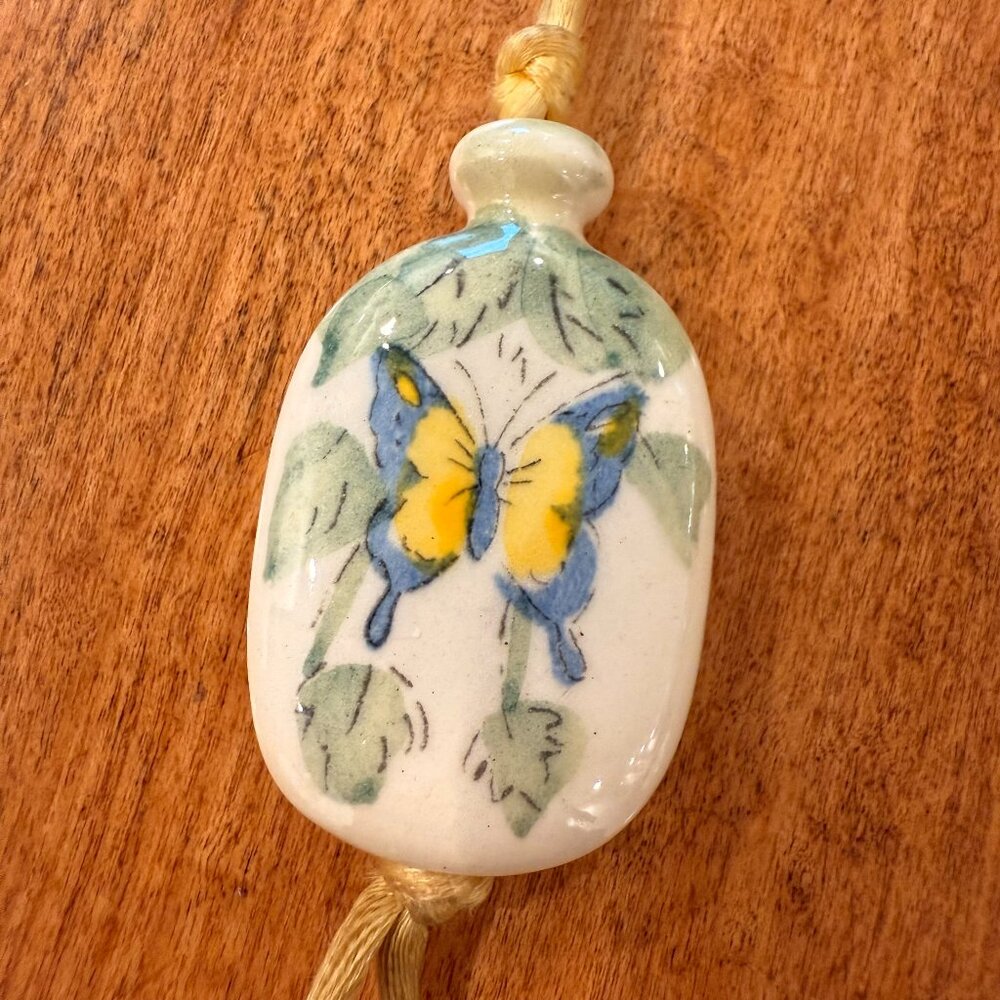 Adorable Porcelain Butterfly Pendant on Yellow Silky Cord Long Necklace